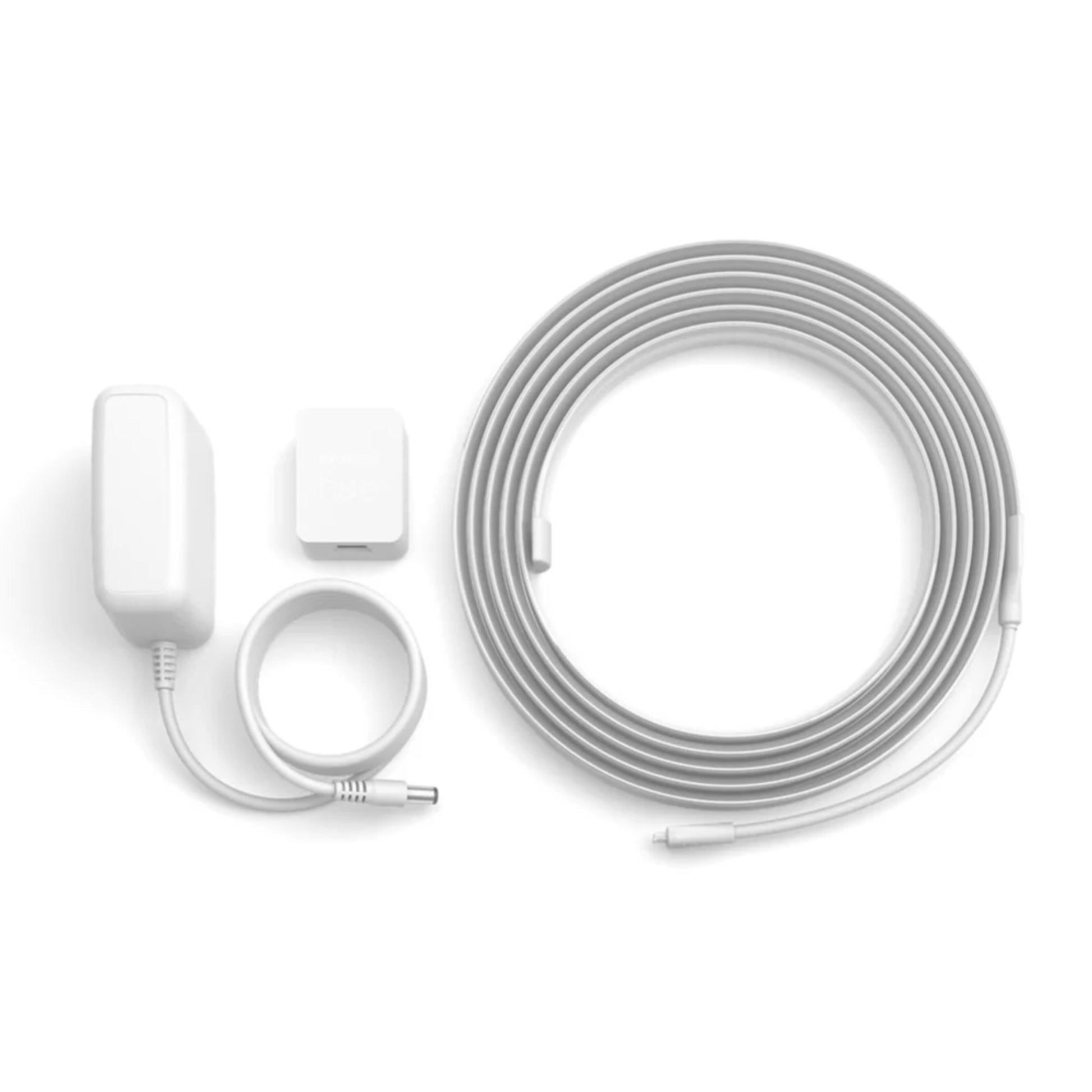 Philips Hue Solo Lightstrip 3m, hvid med separat stik og korte/lange forbindelseskabler.