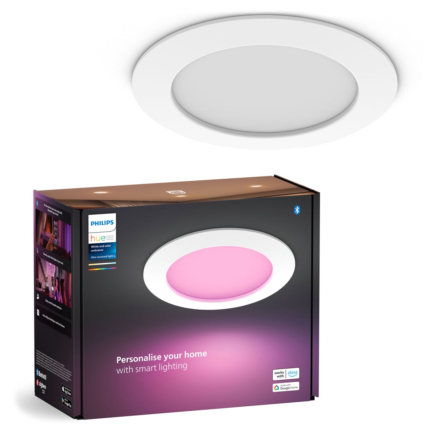 Philips Hue Slank indbygget LED loftbelysning Ø170 mm Hvid, rund lampe og emballage med Philips Hue logo og farveskift.