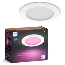 Philips Hue Slank indbygget LED loftbelysning Ø170 mm Hvid, rund lampe og emballage med Philips Hue logo og farveskift.