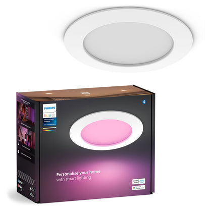 Philips Hue Slank indbygget LED loftbelysning Ø170 mm Hvid, rund lampe og emballage med Philips Hue logo og farveskift.