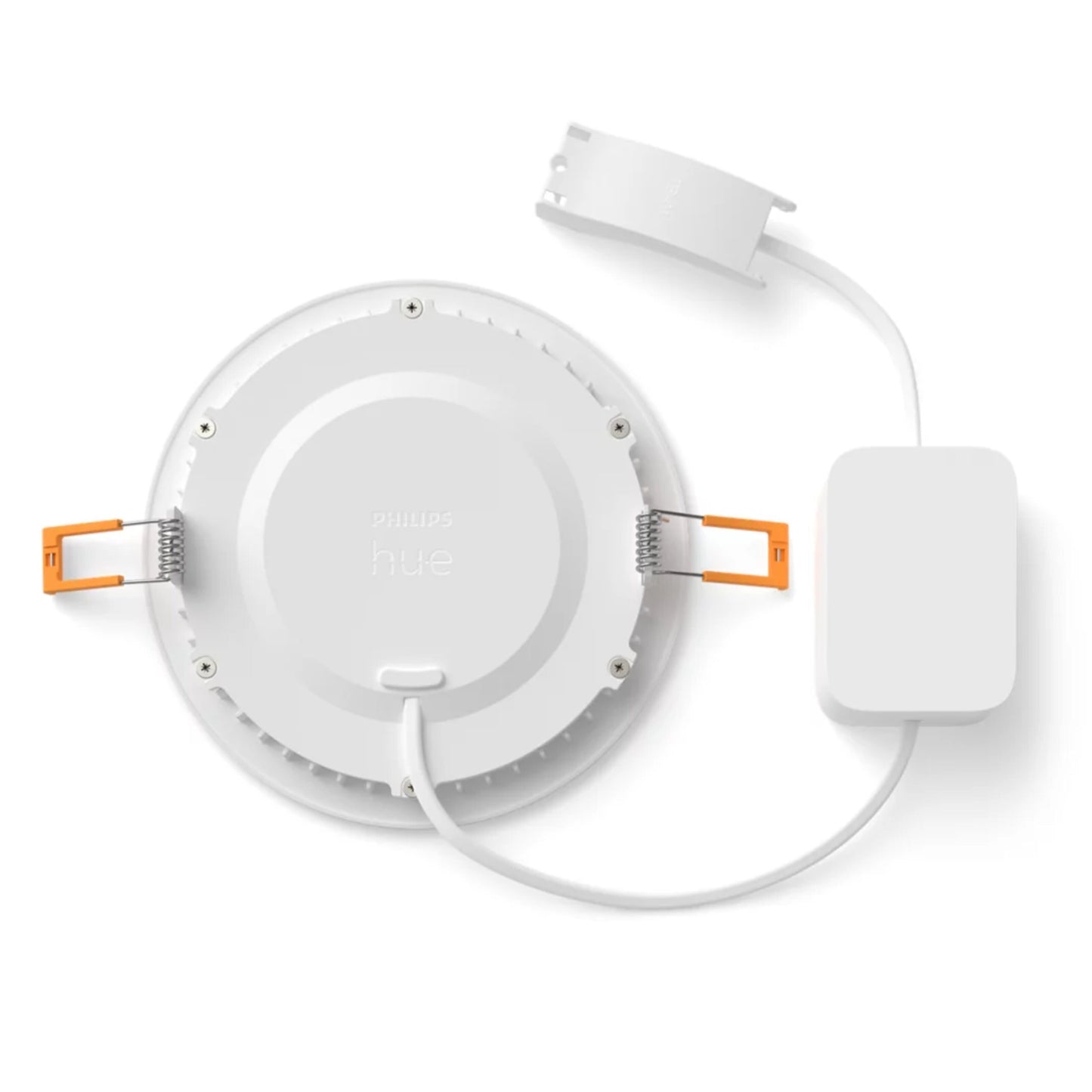 Philips Hue Slank indbygget belysning Ø170 mm hvid set bagfra med to orange monteringsclips, hvid strømforsyning og kabel.
