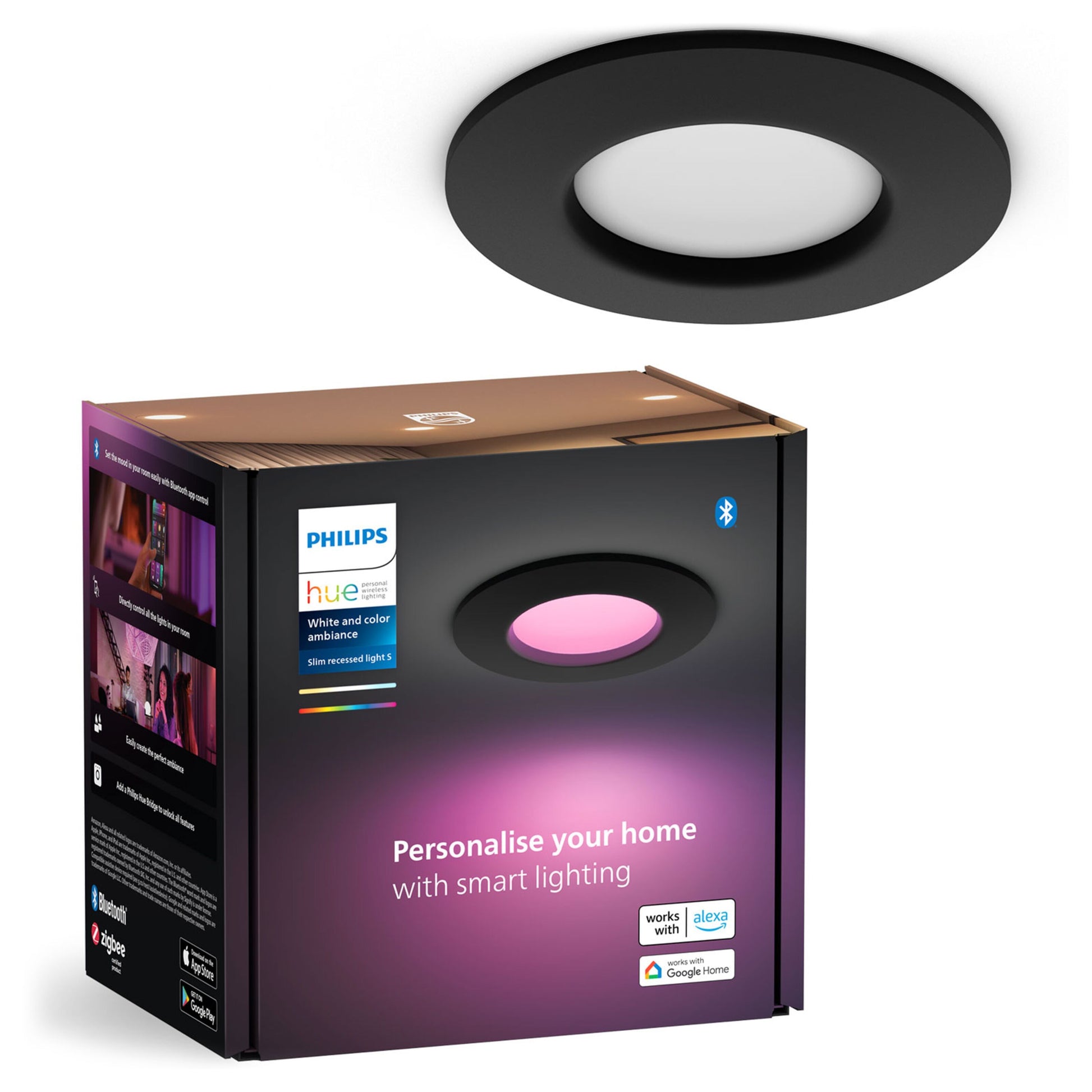 Philips Hue Slank indbygget belysning Ø90 mm sort dæmpbar LED understøtter Alexa og Google Home over æsken.