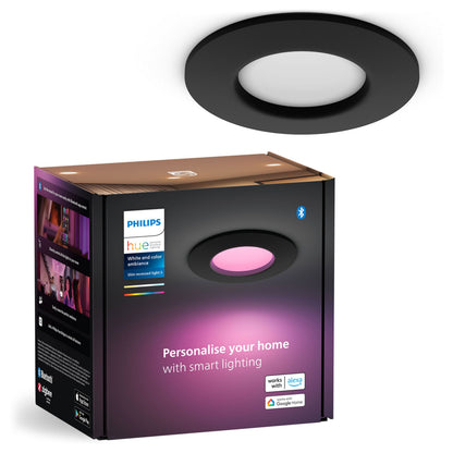 Philips Hue Slank indbygget belysning Ø90 mm sort dæmpbar LED understøtter Alexa og Google Home over æsken.