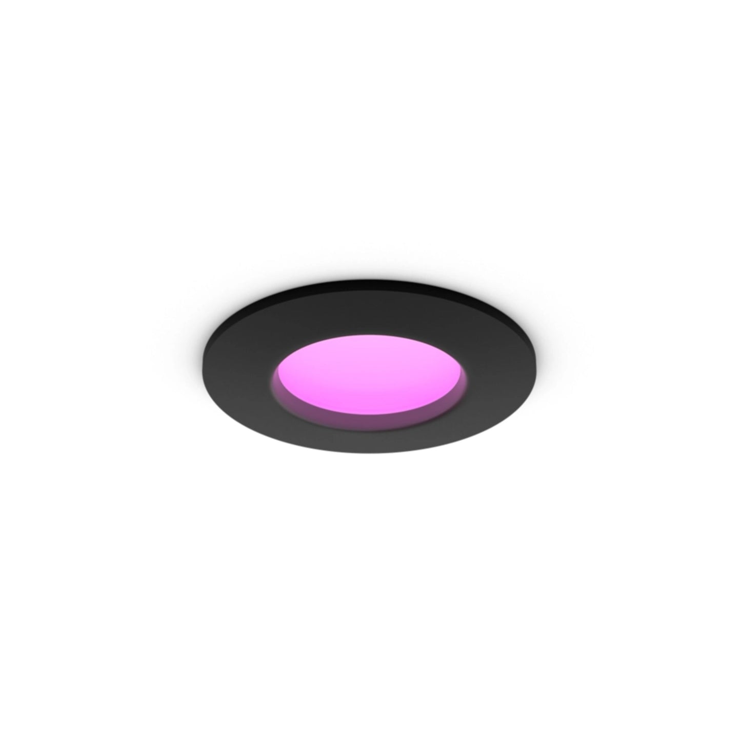 Philips Hue Slank indbygget loftbelysning Ø90 mm sort, rund, smart-home kompatibel, lysende pink center.