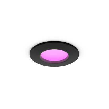 Philips Hue Slank indbygget loftbelysning Ø90 mm sort, rund, smart-home kompatibel, lysende pink center.