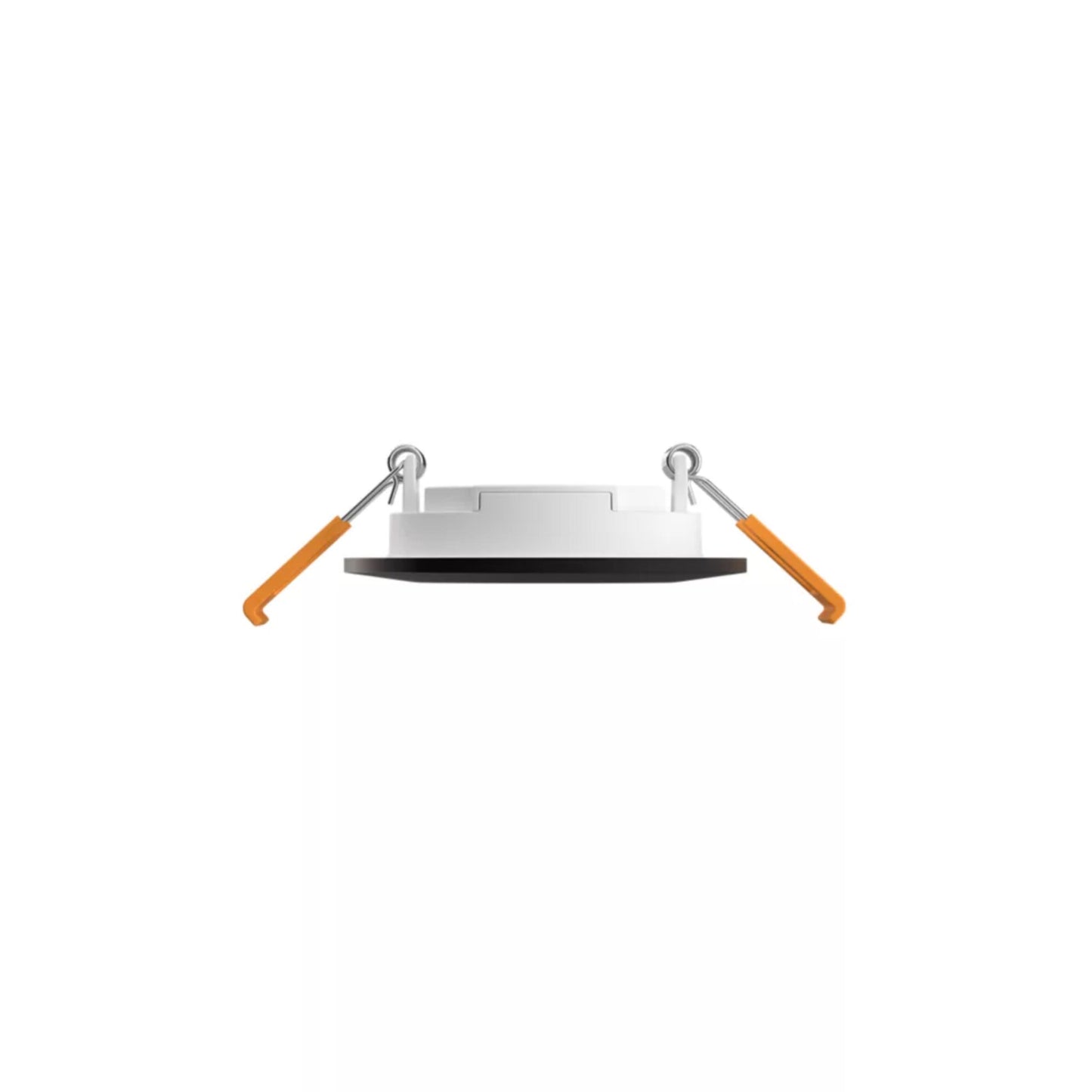 Philips Hue Slank indbygget LED downlight Ø90 mm sort, rund med sort kant, hvidt hus og orange fjederclips, dæmpbar.