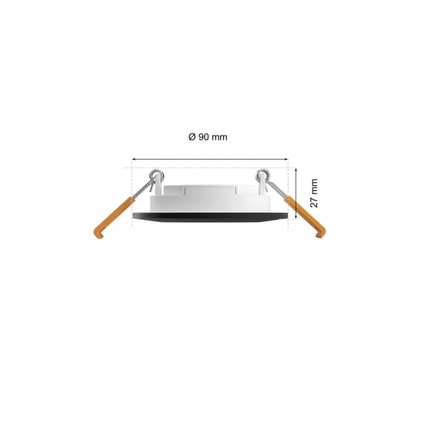 Philips Hue Slank indbygget belysning Ø90 mm sort, rund dæmpbar LED, 27 mm høj, to orange monteringsclips, sidevinkel.