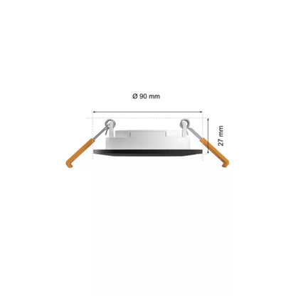 Philips Hue Slank indbygget belysning Ø90 mm sort, rund dæmpbar LED, 27 mm høj, to orange monteringsclips, sidevinkel.