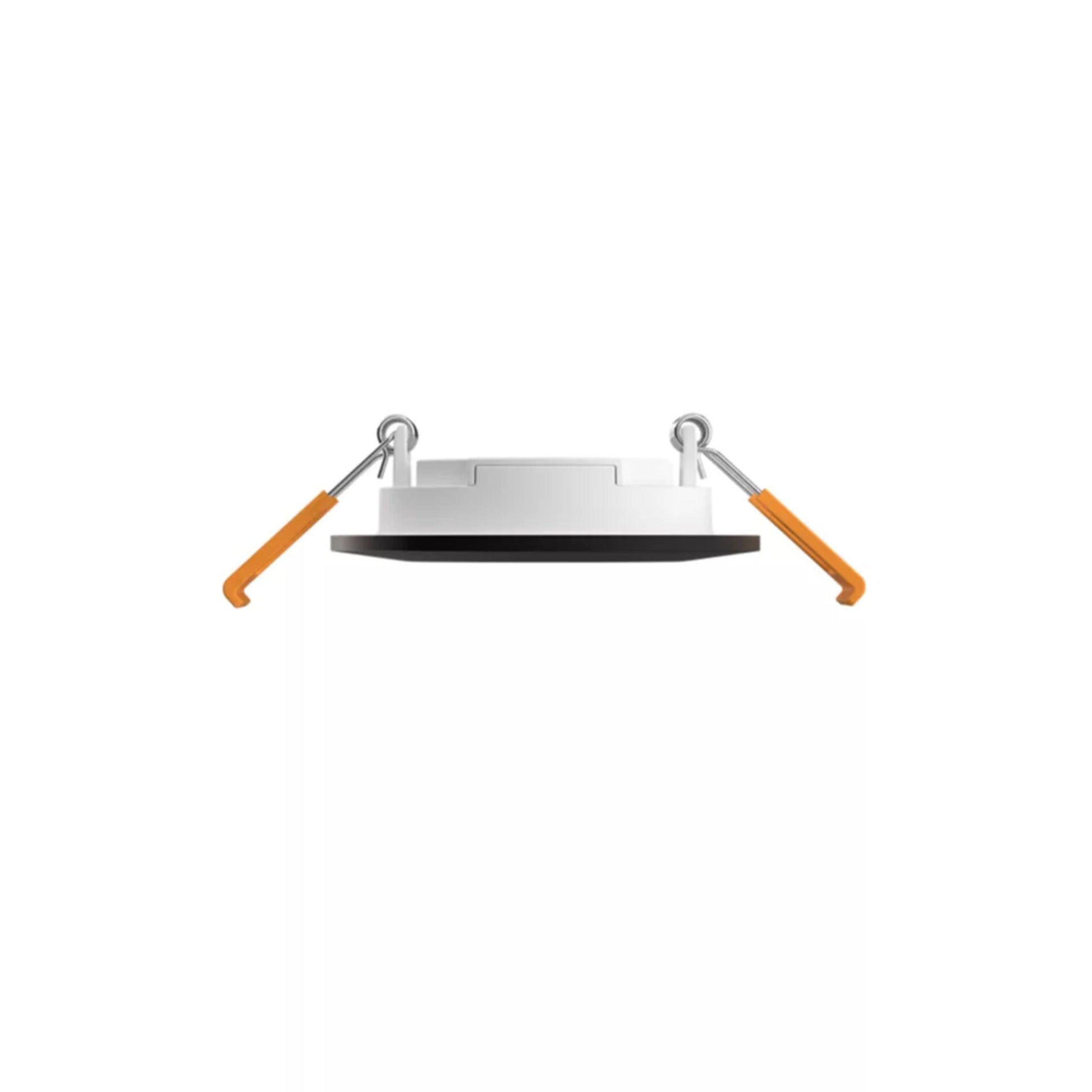 Philips Hue Slank indbygget belysning Ø90 mm sort, 3-pak, ses fra siden med to metalclips med orange ender.