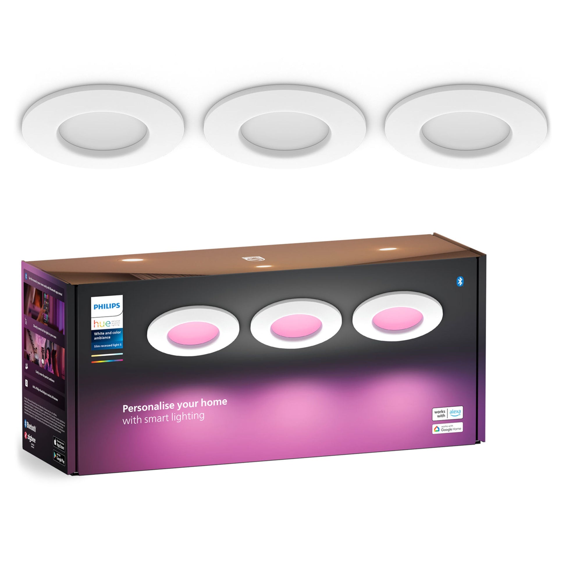 Philips Hue Slank indbygget belysning 3-pak Ø90 mm hvid, tre runde spotlys over lilla-sort æske, lyser pink.
