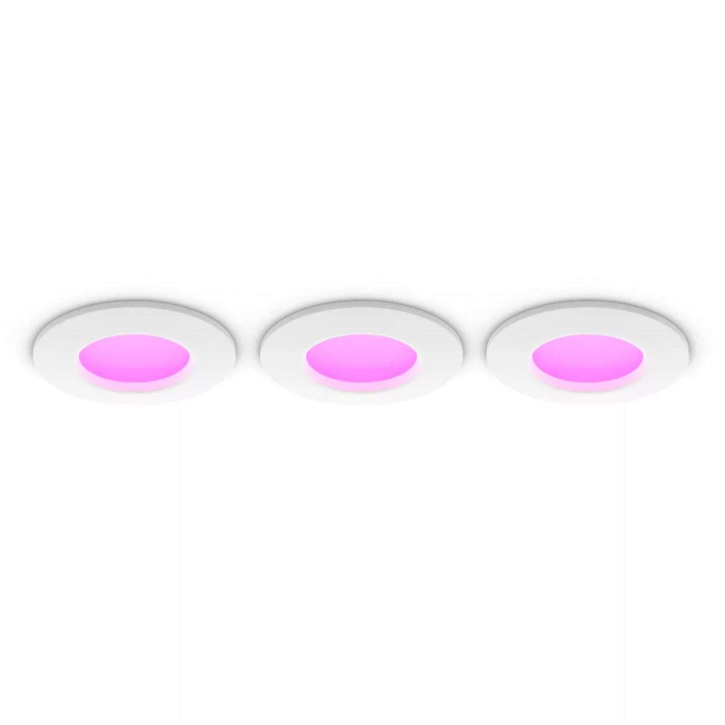 Philips Hue Slank indbygget belysning Ø90 mm spotlights 3-pak, hvide med pink midte, rund form, monteret i række.