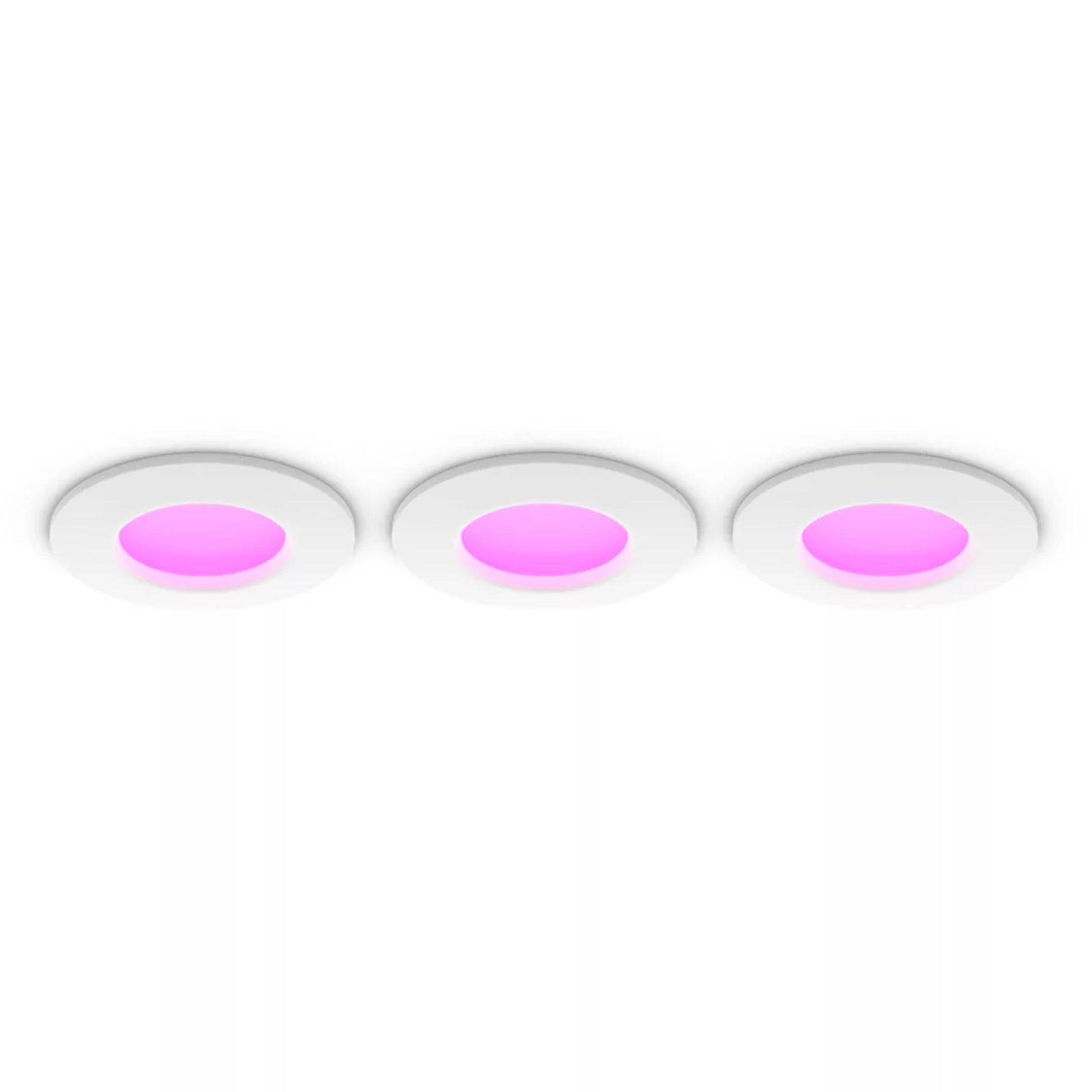 Philips Hue Slank indbygget belysning Ø90 mm spotlights 3-pak, hvide med pink midte, rund form, monteret i række.