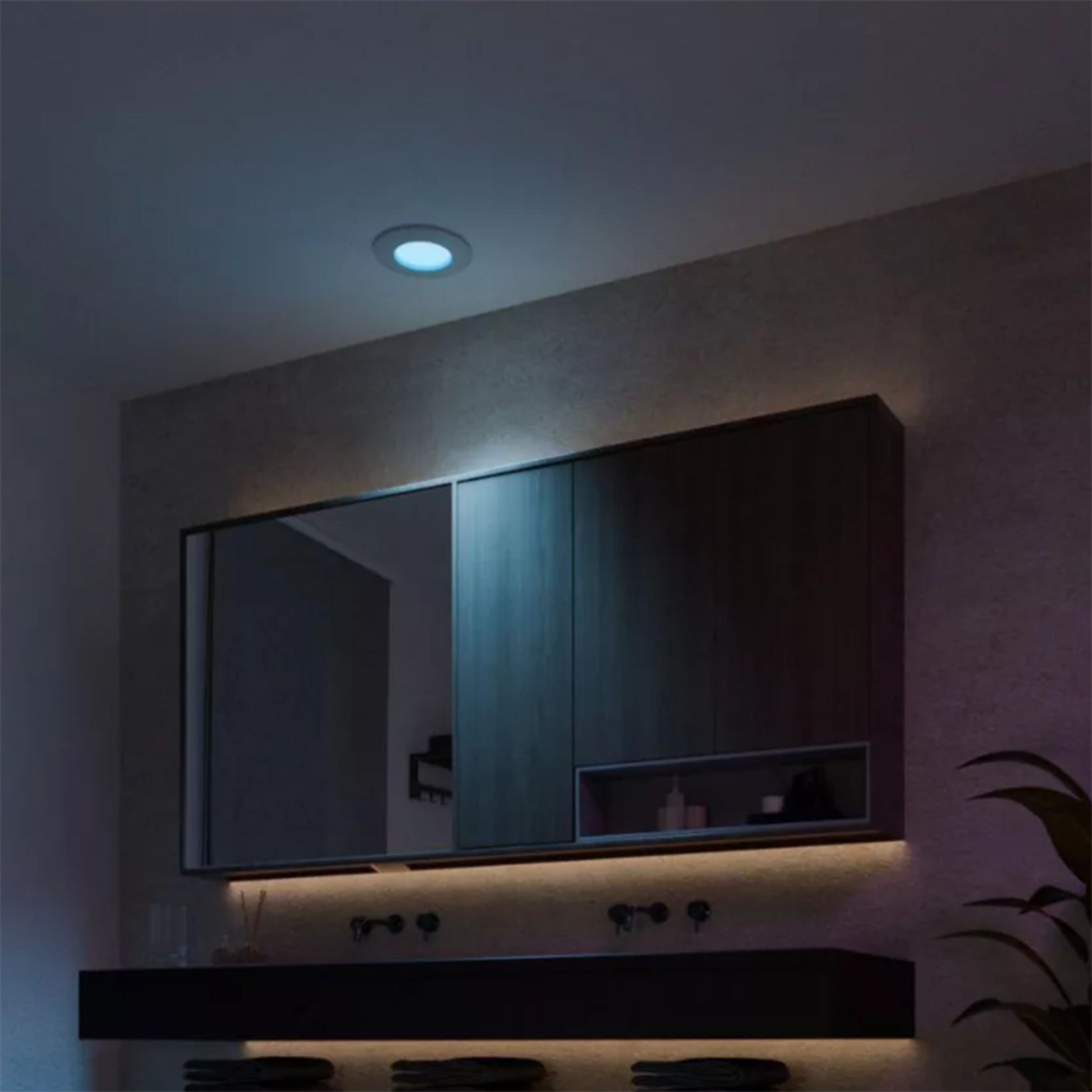 Philips Hue Slank indbygget belysning Ø90 mm 3-pak Hvid monteret over og under spejl i badeværelse med mørke skabe.