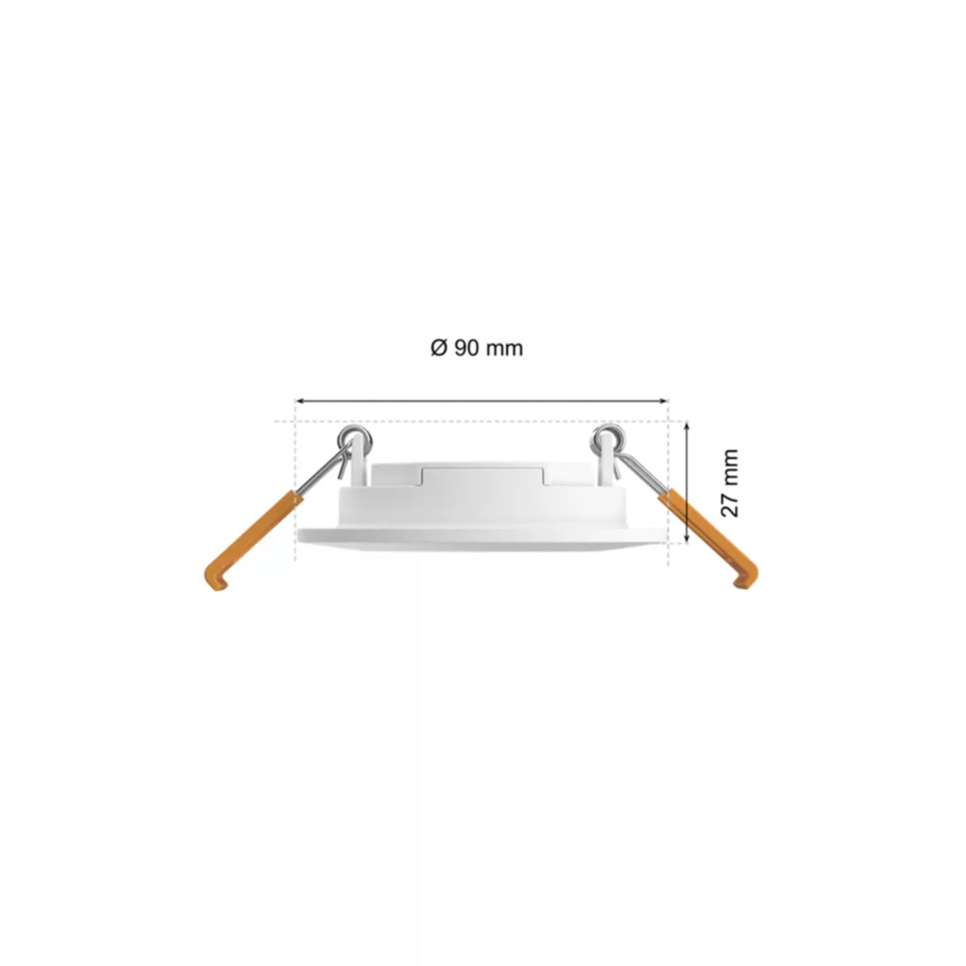 Philips Hue Slank indbygget belysning Ø90 mm 3-pak hvid, rund med to orange klips, vis 90 mm diameter og 27 mm højde.