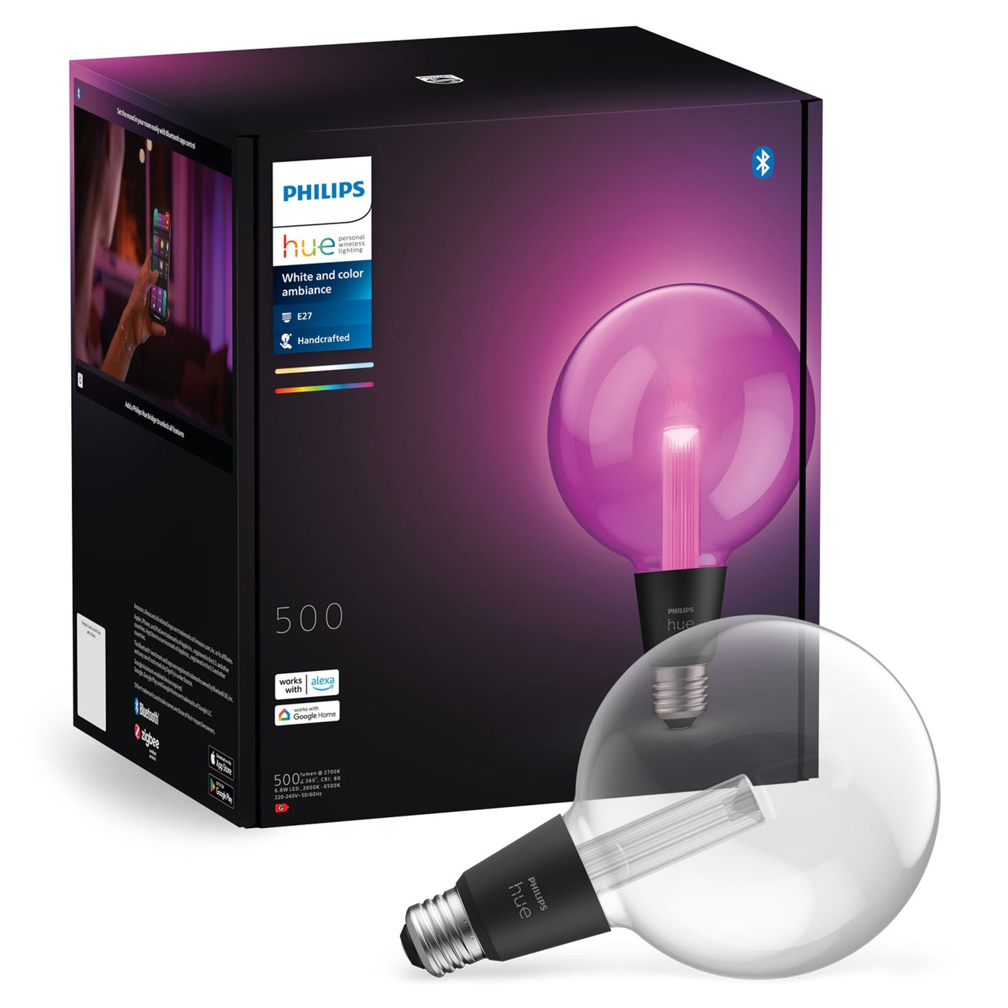 Hue Lightguide G125 E27 smart LED-pære glob 500 lm, klar rund glas, i æske med lilla lys og som slukket pære udenfor pakken.