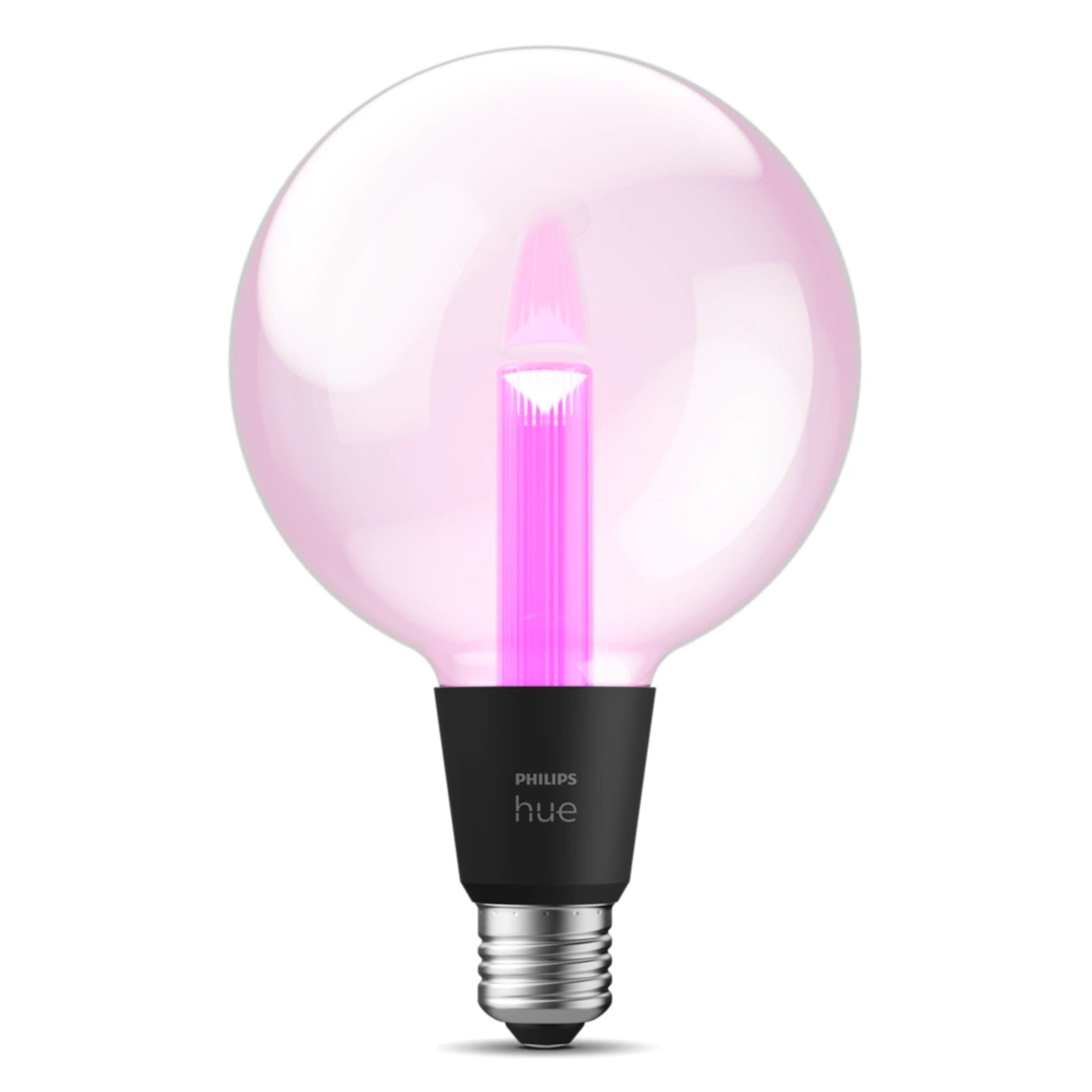 Philips Hue Lightguide G125 E27 LED-pære glob 500 lm, blød pink glød, sort base og sølvfatning.
