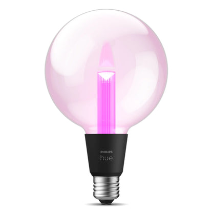 Philips Hue Lightguide G125 E27 LED-pære glob 500 lm, blød pink glød, sort base og sølvfatning.