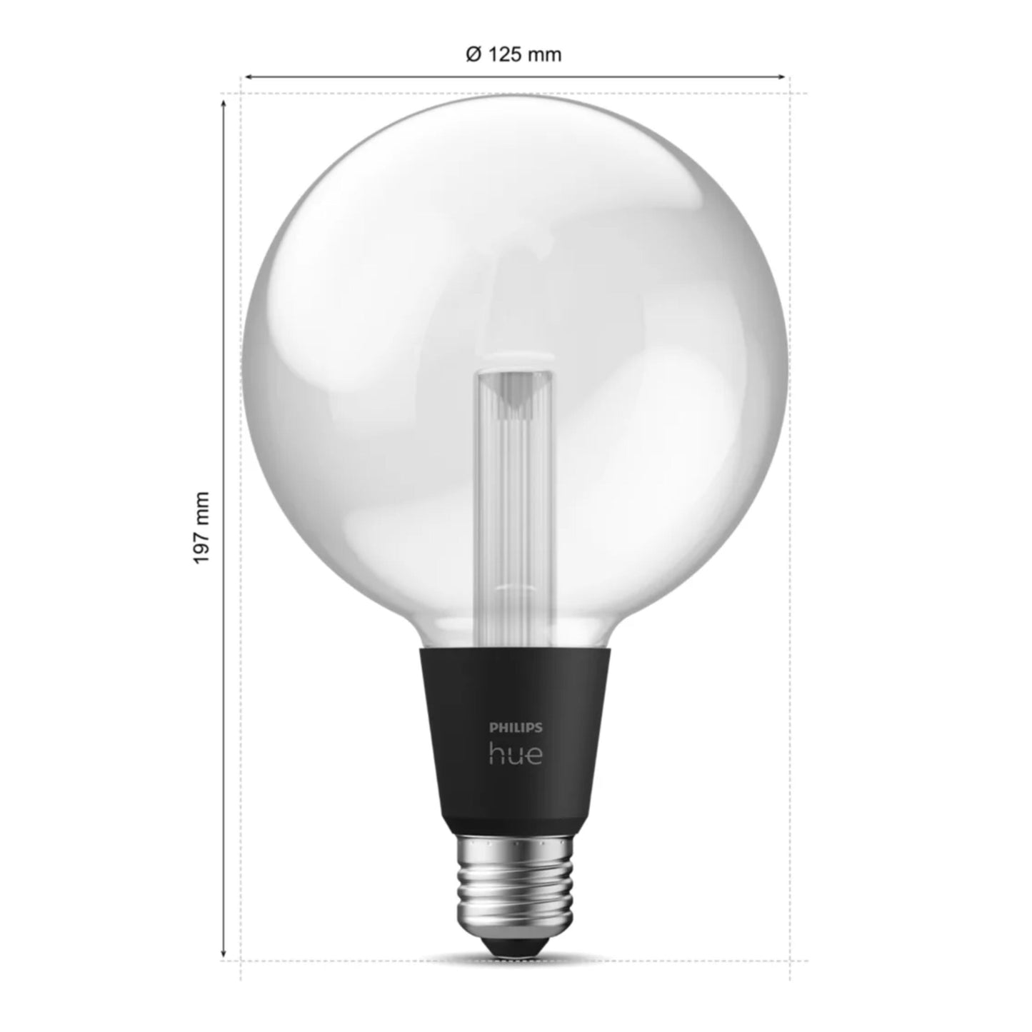 Philips Hue Lightguide G125 E27 LED-pære, 500 lm, klart glas, synlig glødetråd, sort sokkel, 197x125 mm.