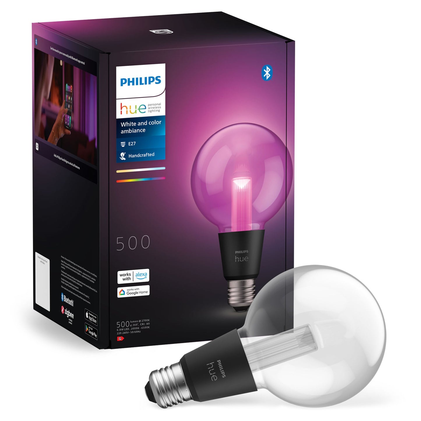Philips Hue RGB G95 Smart LED-pære E27 500 lm lyser lilla foran æske med Bluetooth, stemmestyring og smart assistant.