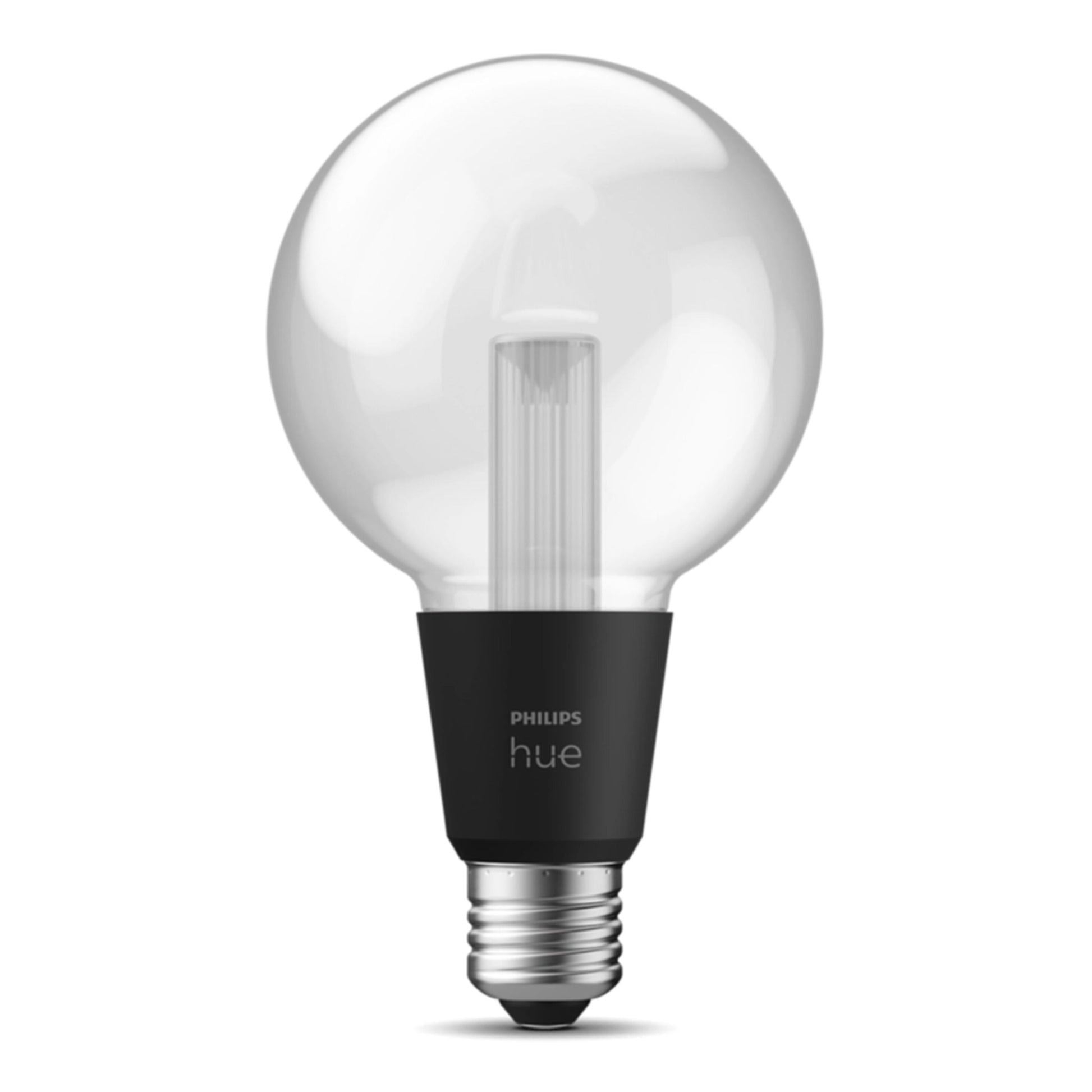 Philipshue RGB G95 Smart LED-pære E27 500 lm med rund klar glas top, sort sokkel med logo, passer til E27 sokkel.