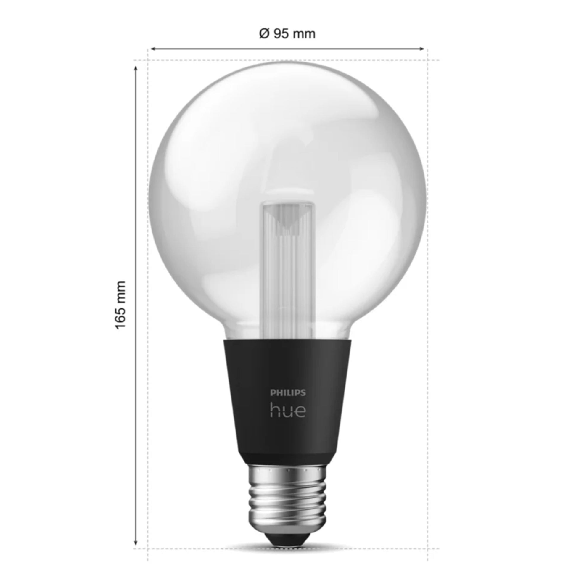 Hue RGB G95 Smart LED-pære E27 500 lm, klart rundt glas, sort sokkel, synlige filamenter, 165x95 mm.