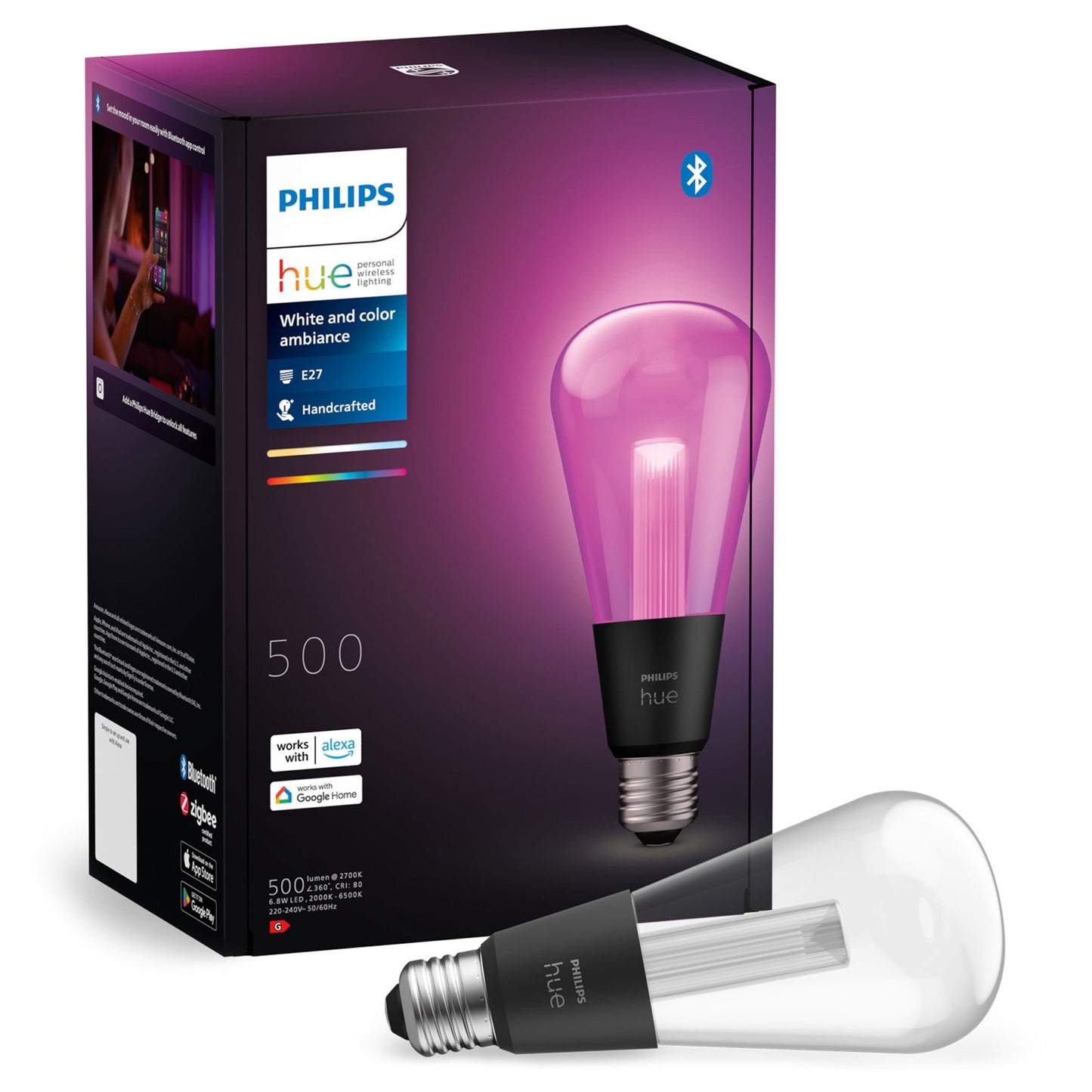 Philips Hue RGB ST72 smart LED-pære E27 500 lm lyser pink ved siden af emballage, kompatibel med Alexa og Google Assistant.