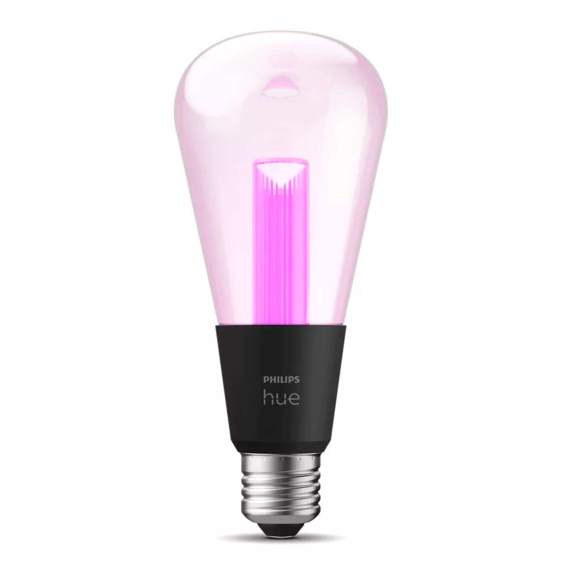 Philips Hue RGB ST72 smart LED-pære E27 500 lm, sort bund, gennemsigtig top med pink-lilla lys.