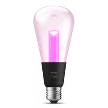 Philips Hue RGB ST72 smart LED-pære E27 500 lm, sort bund, gennemsigtig top med pink-lilla lys.