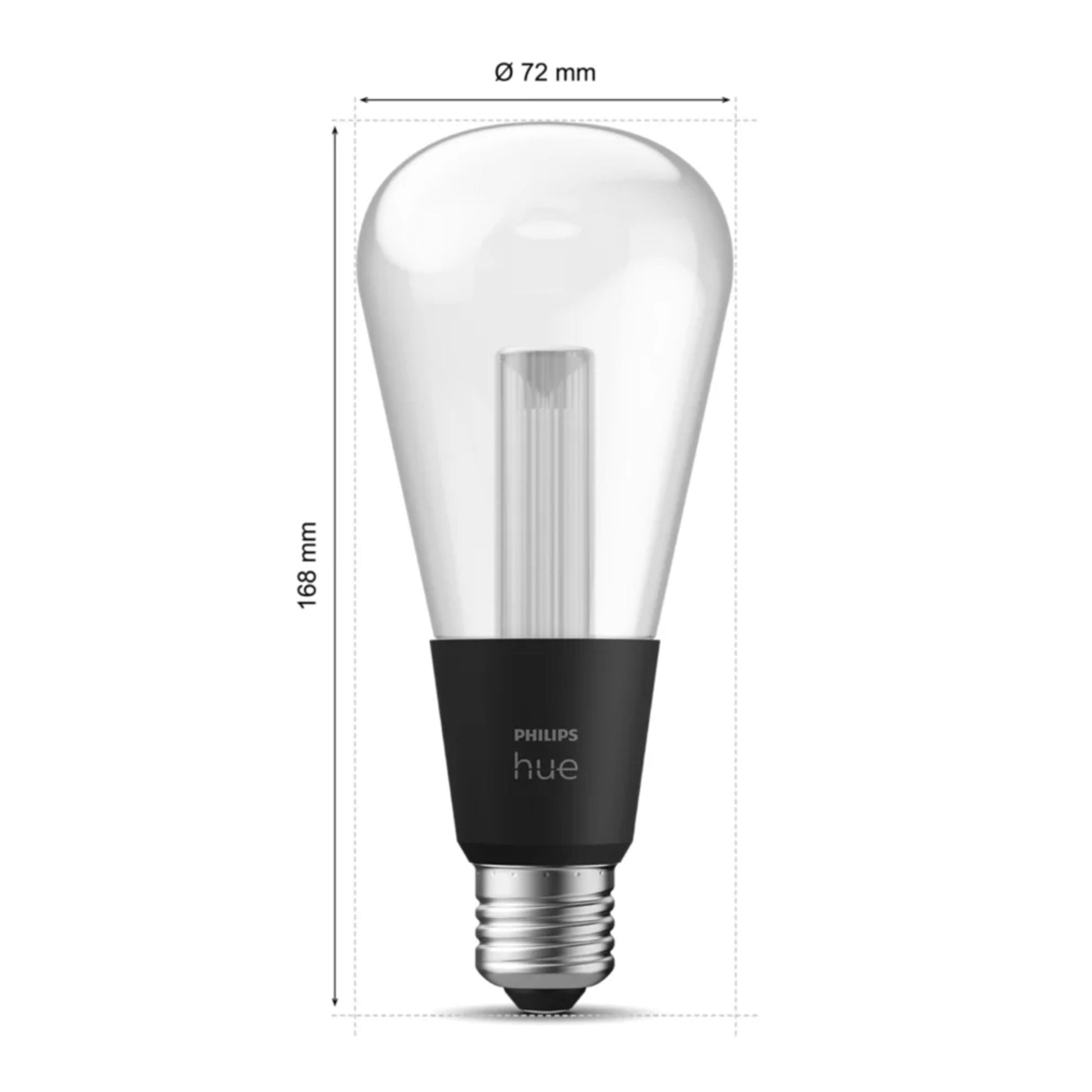 Philips Hue RGB ST72 smart LED E27, gennemsigtigt glas, sort sokkel, synlig glødetråd, 168x72 mm, 500 lm.