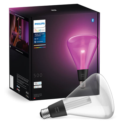 Philips Hue Lightguide Triangle E27 LED-pære 500 lm, trekantet form, emballage med logo og Bluetooth-ikon.
