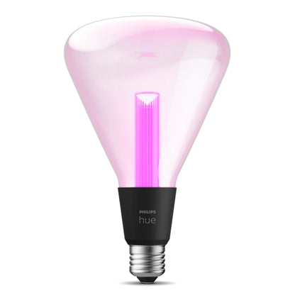 Philips Hue Lightguide Triangle E27 LED-pære 500 lm, klart glas med pink lys, E27 fatning, sort base med Hue-logo.