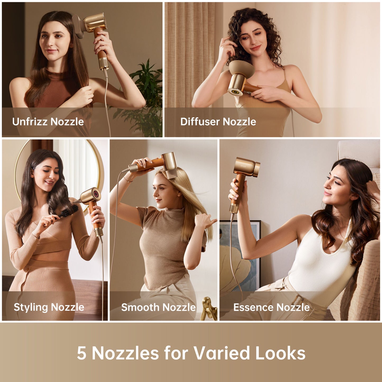 Dreame Hair Miracle hårtørrer med 5 dyser: Unfrizz, Diffuser, Styling, Smooth og Essence til alsidig hårstyling.