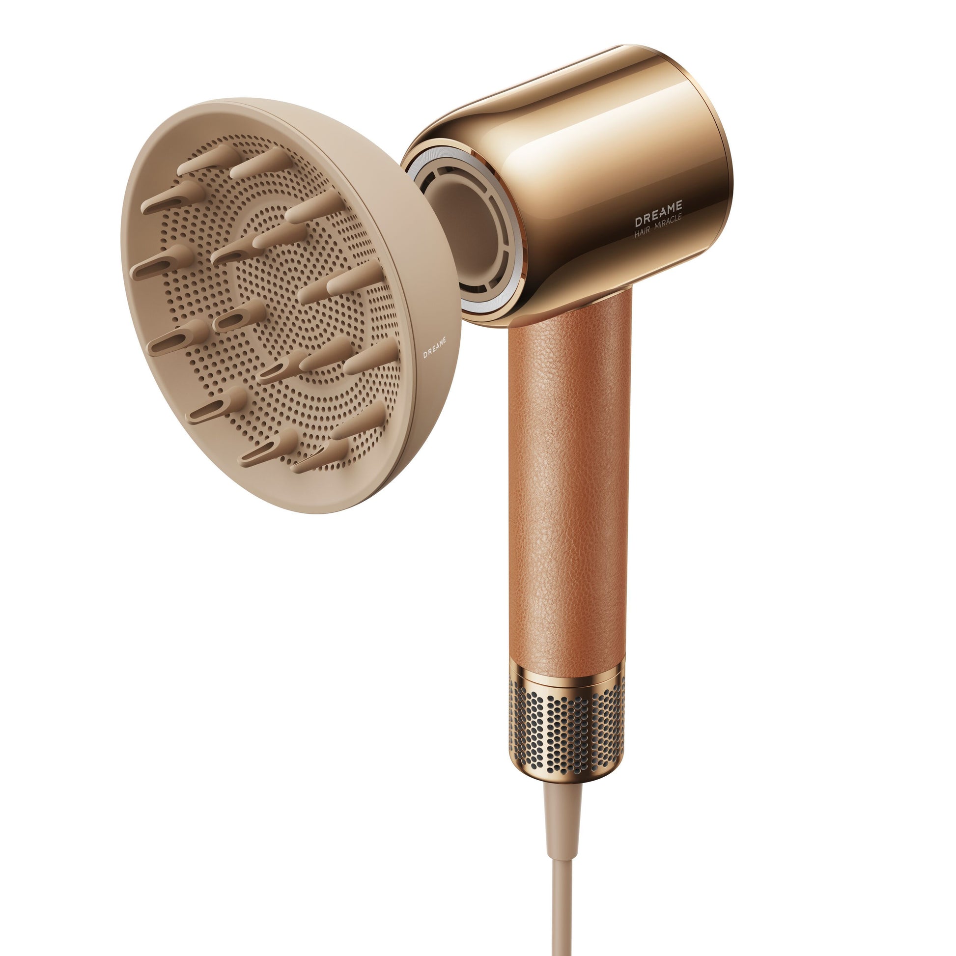 Dreame Hair Miracle hårtørrer i guld og beige med diffuser, tekstureret lysebrun håndtag og Dreame-logo på siden.