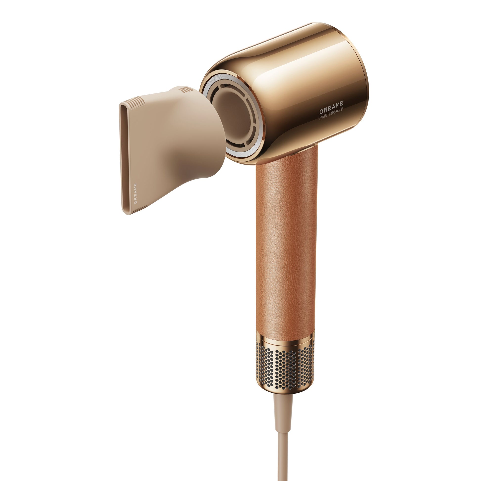 Dreame Hair Miracle hårtørrer, guld og beige med lædertekstureret greb, rektangulært mundstykke og Dreame-logo.