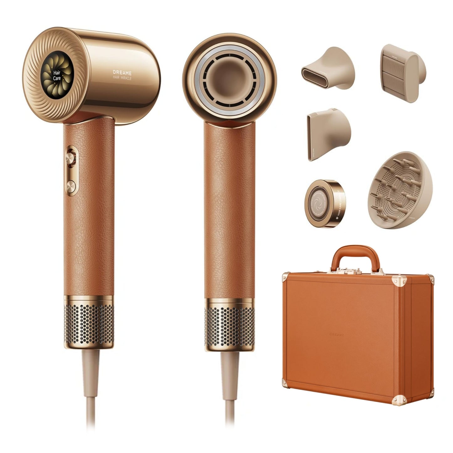 Dreame Hair Miracle føntørrer brun/guld, to vinkler, flere udskiftelige styling-dyser, matchende brun opbevaringsæske.