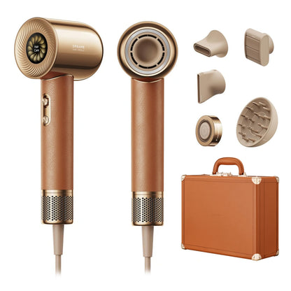 Dreame Hair Miracle føntørrer brun/guld, to vinkler, flere udskiftelige styling-dyser, matchende brun opbevaringsæske.