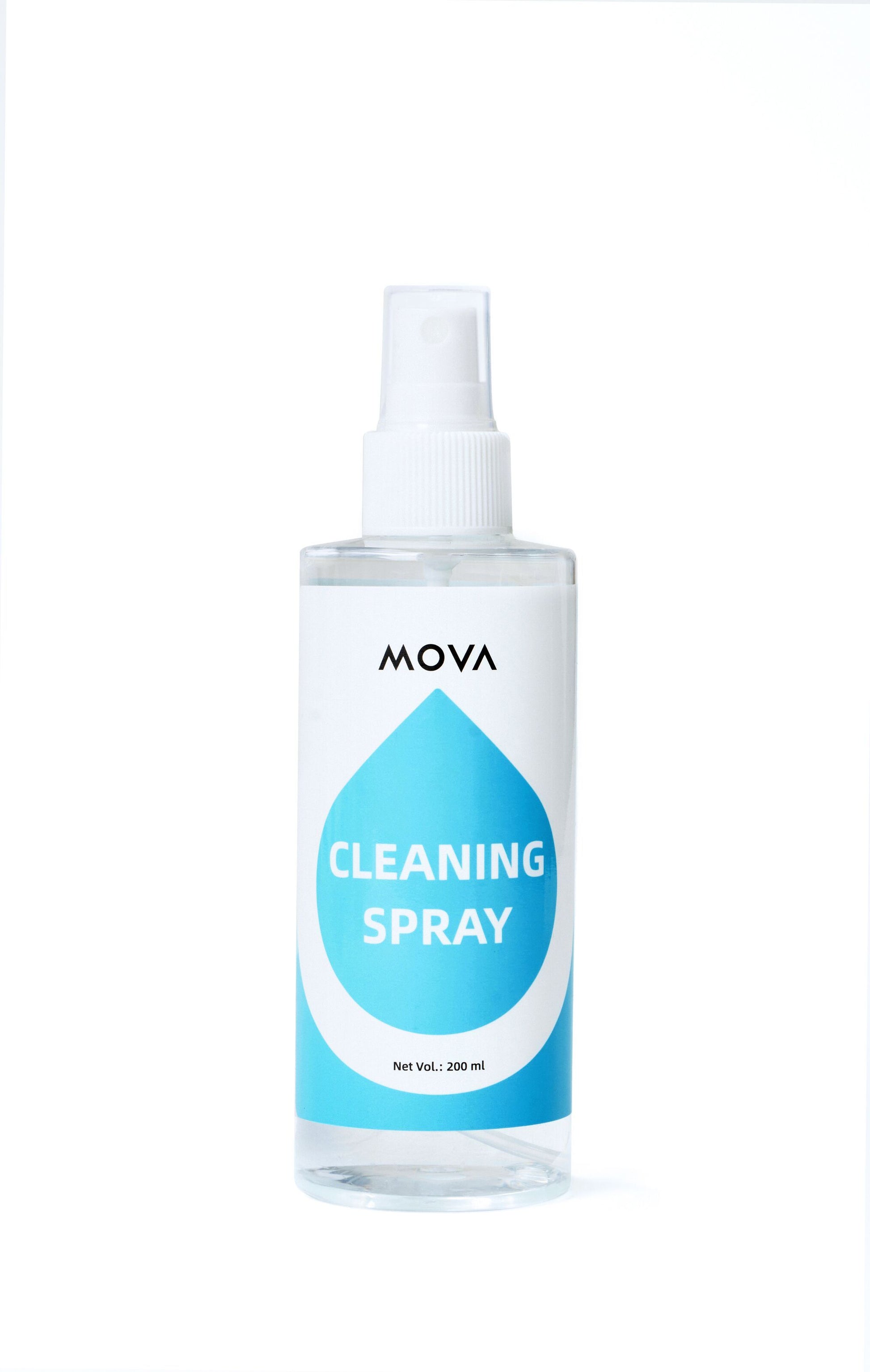 Mova 200 ml klar plast sprayflaske med label, del af Mova Rengøringskit til robotplæneklipper.
