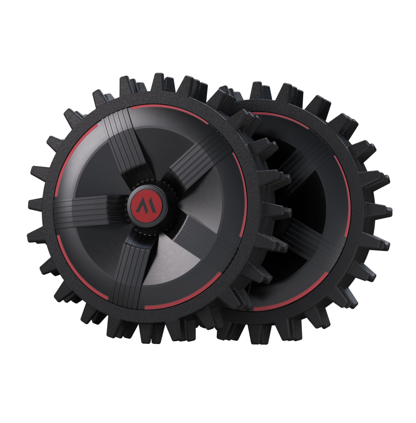 MOVA Off-road hjul til robotplæneklipper, sort med røde detaljer og rød-sort centerhub, gear-lignende design.