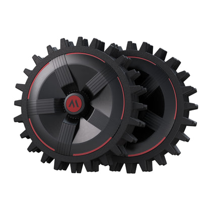MOVA Off-road hjul til robotplæneklipper, sort med røde detaljer og rød-sort centerhub, gear-lignende design.