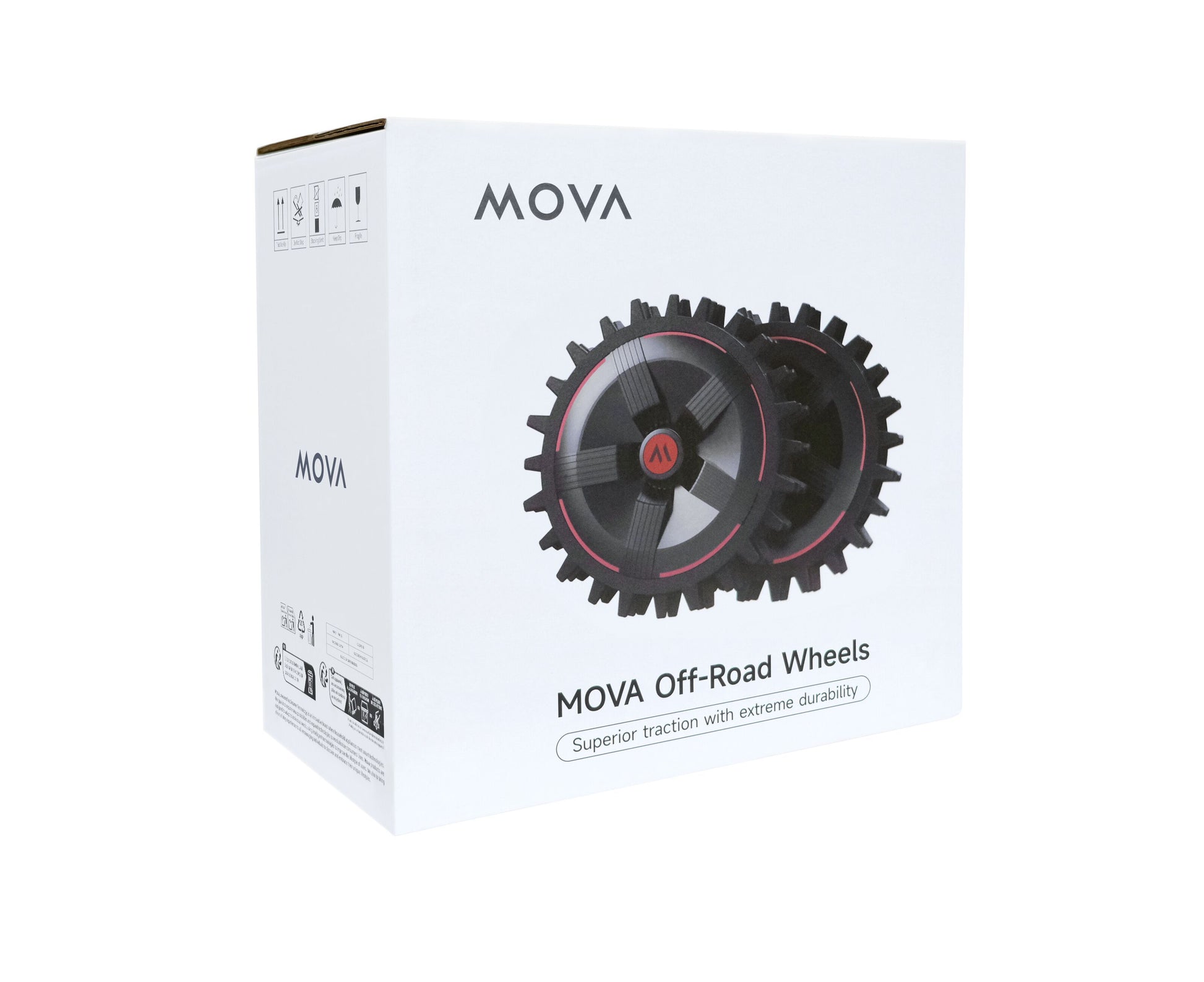 MOVA Off-road hjul til robotplæneklippere, sorte med røde detaljer, 2 stk, Mova logo på æske.