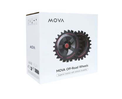 MOVA Off-road hjul til robotplæneklippere, sorte med røde detaljer, 2 stk, Mova logo på æske.