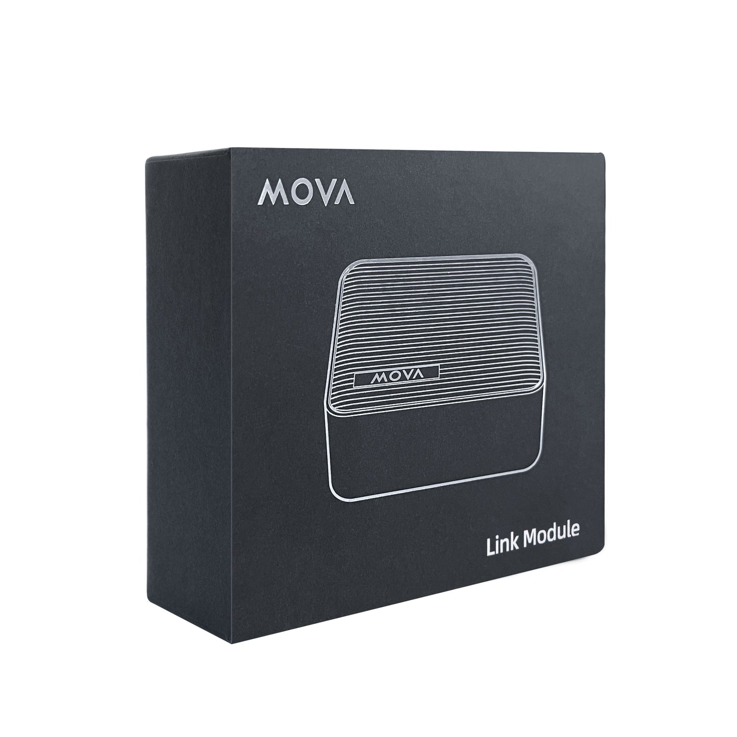MOVA Link Modul 4G og GPS-modul til robotplæneklippere sorterer æske med MOVA-logo, produktnavn og line art af plænerobot.