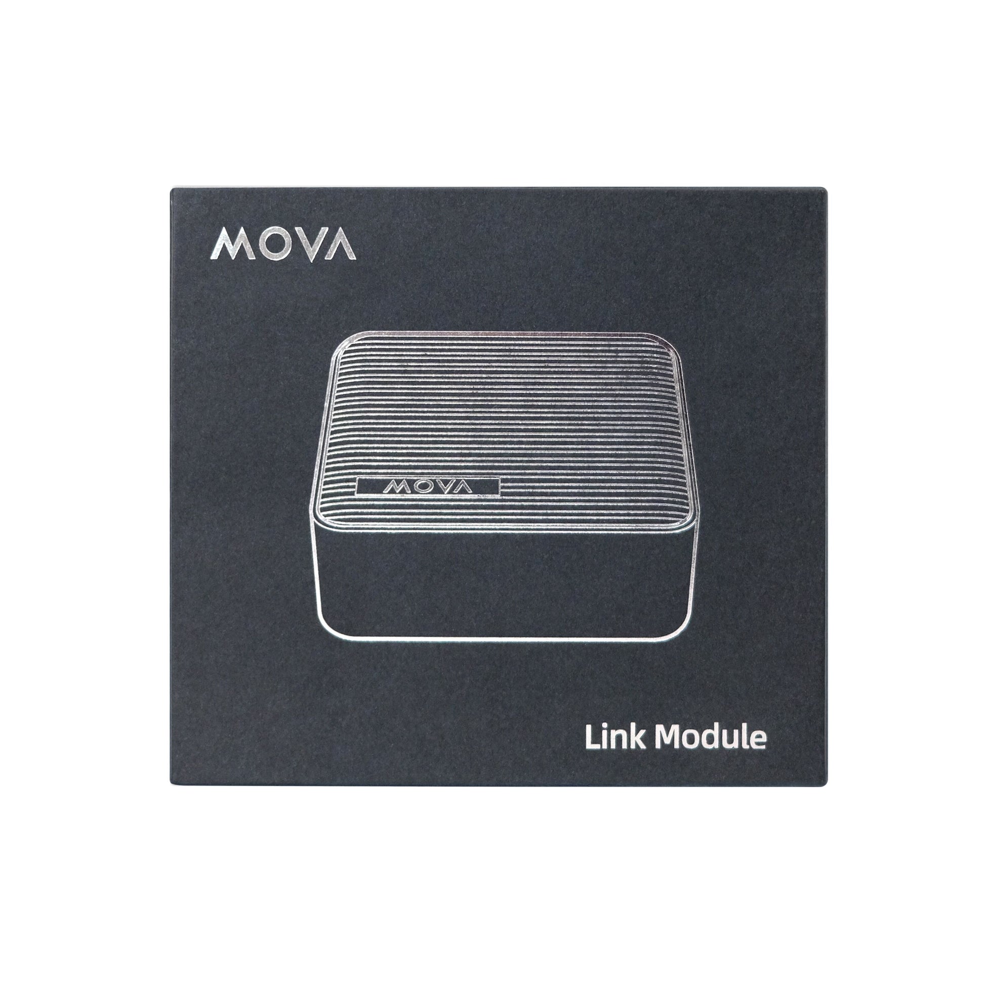 MOVA Link Modul 4G- og GPS-modul til robotplæneklippere sorterer æske hvid stregtegning og logo.