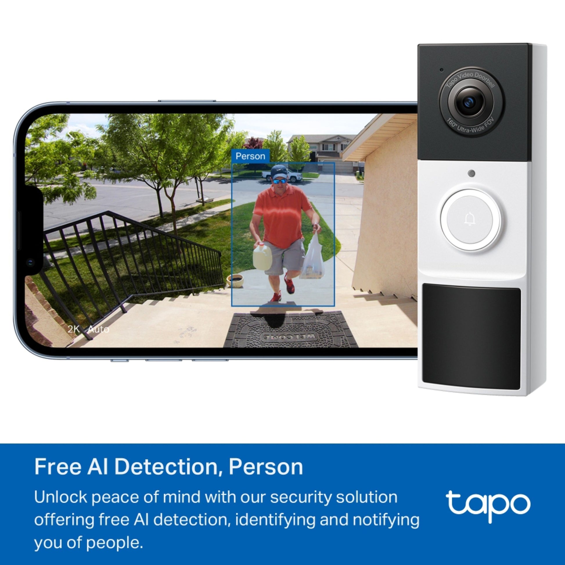 TP-Link Tapo D210 videodørklokke viser person med indkøbsposer via smartphone, gratis AI-detektion.