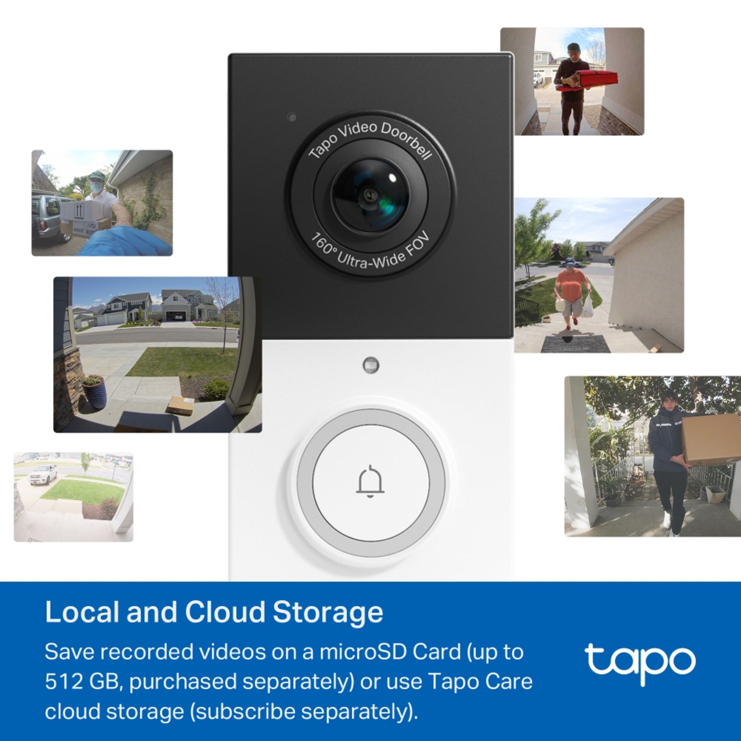 TP-Link Tapo D210 videodørklokke med 2K kamera viser personer ved døren og udendørs udsigt, lokal og cloud-lagring.