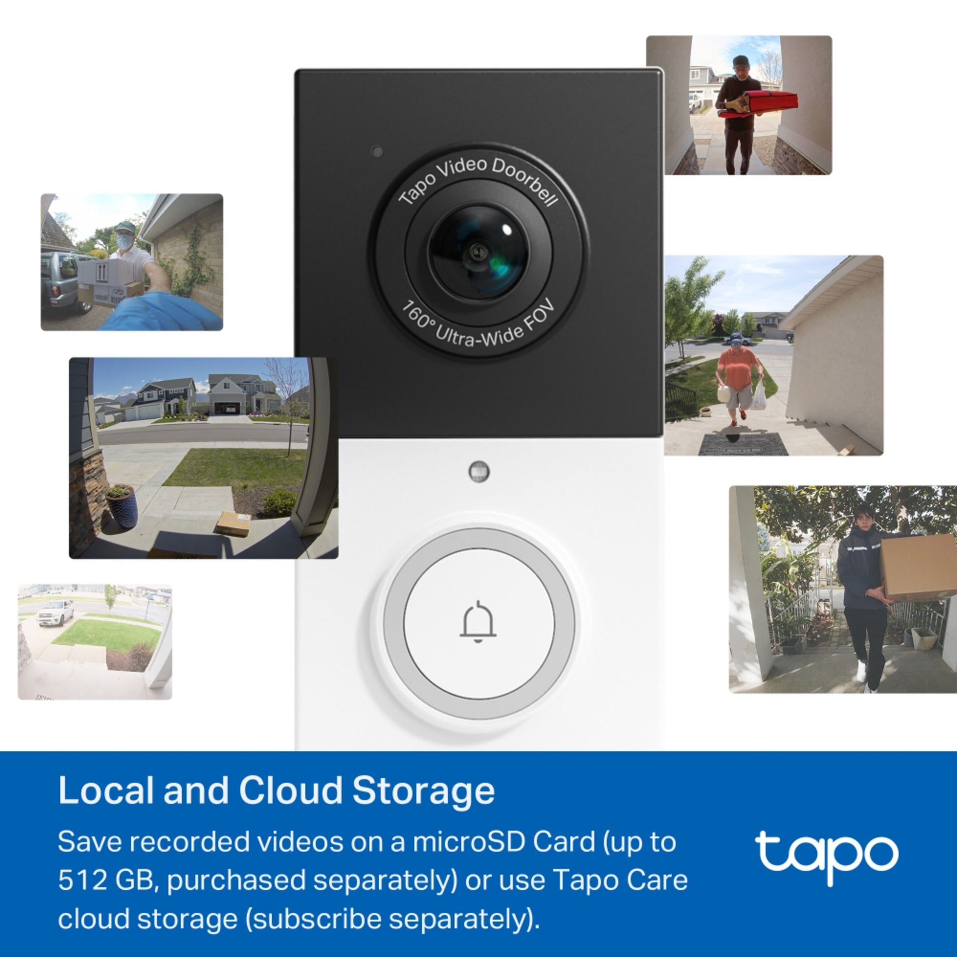 TP-Link Tapo D210 videodørklokke med 2K kamera viser personer ved døren og udendørs udsigt, lokal og cloud-lagring.