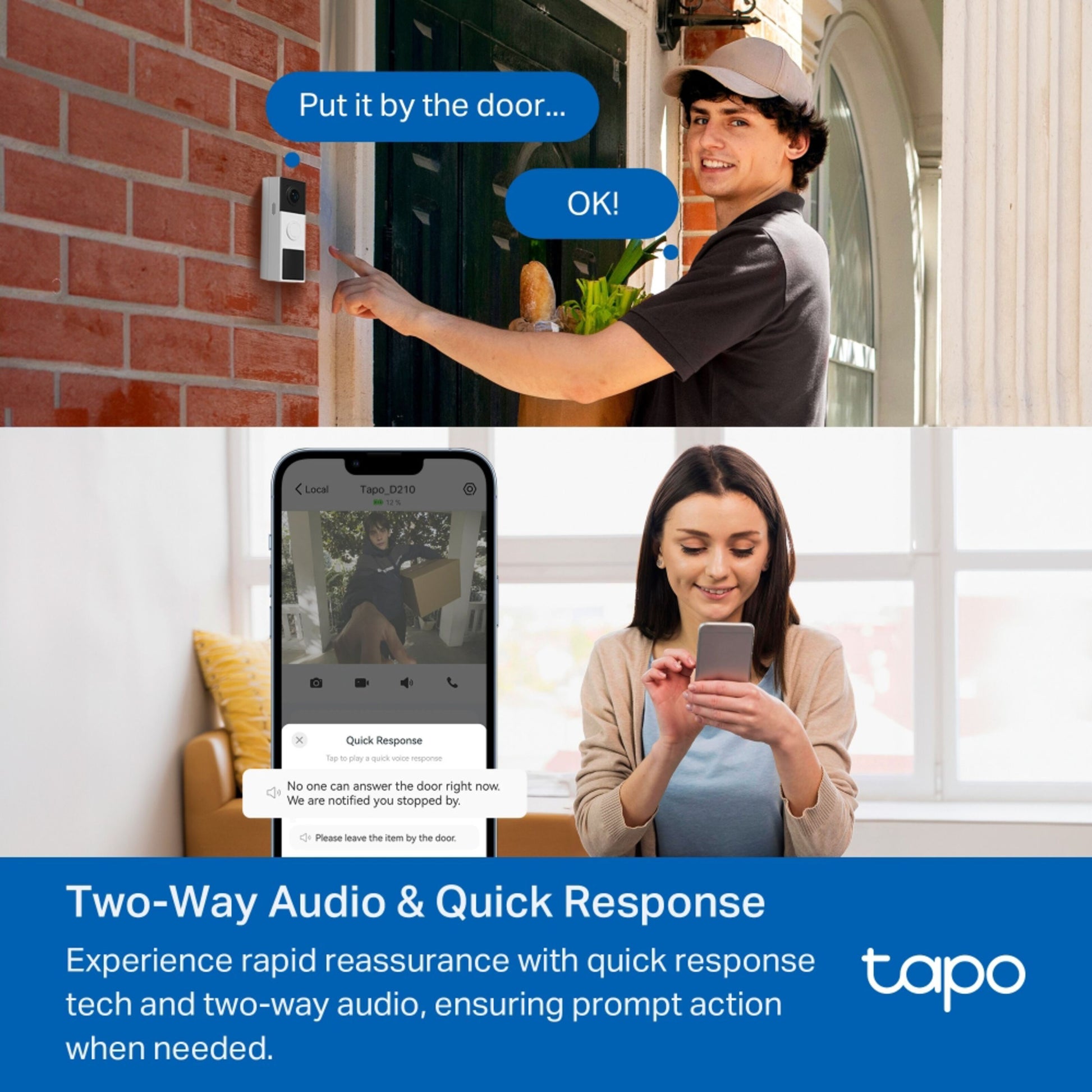 TP-Link Tapo D210 videodørklokke bruges til levering, tovejskommunikation via smartphone, synlig sort model.