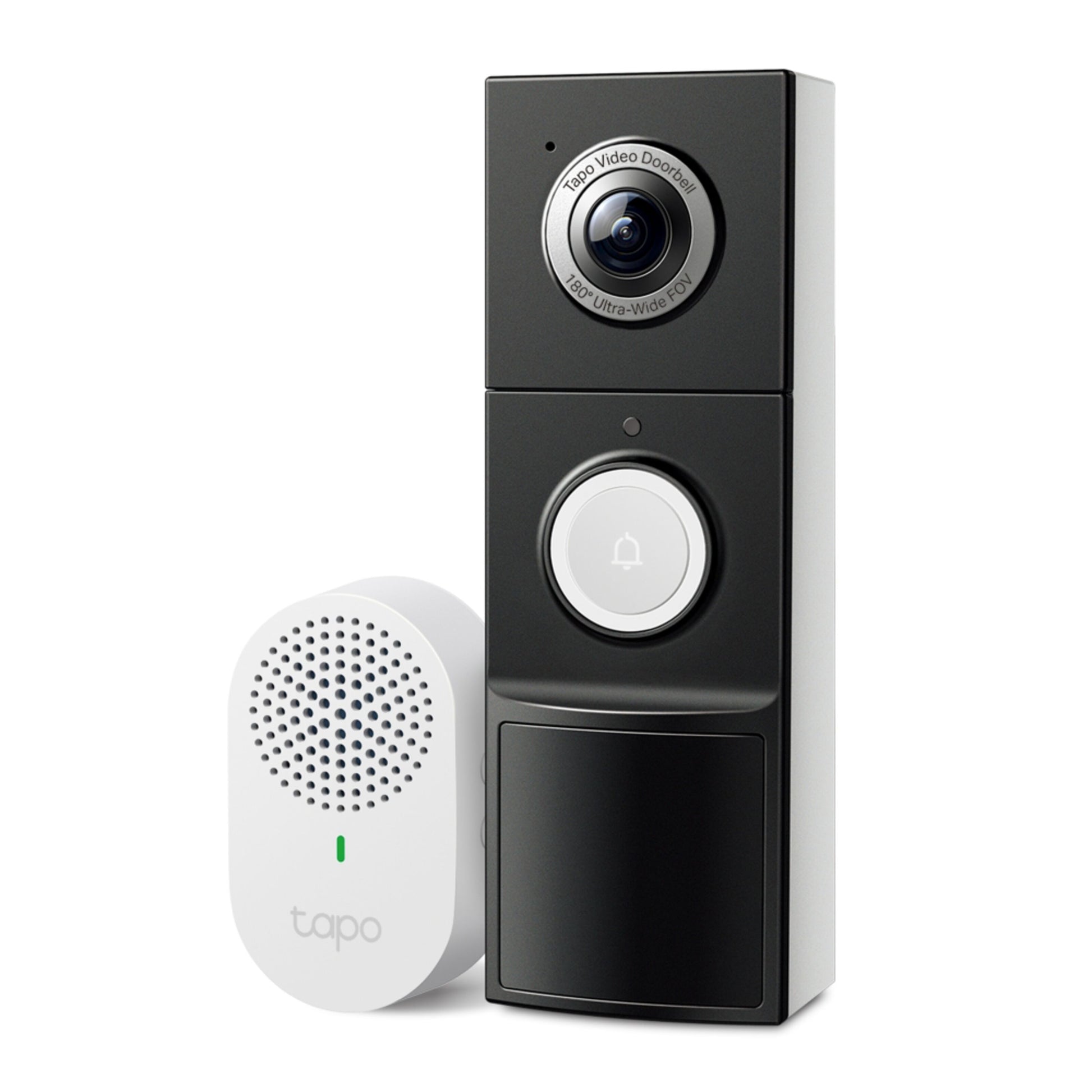 TP-Link Tapo D235 kamera dørklokke sort/sølv 2K med linse, knap og sensor ved lille hvid tapo-højttaler med grøn lampe.