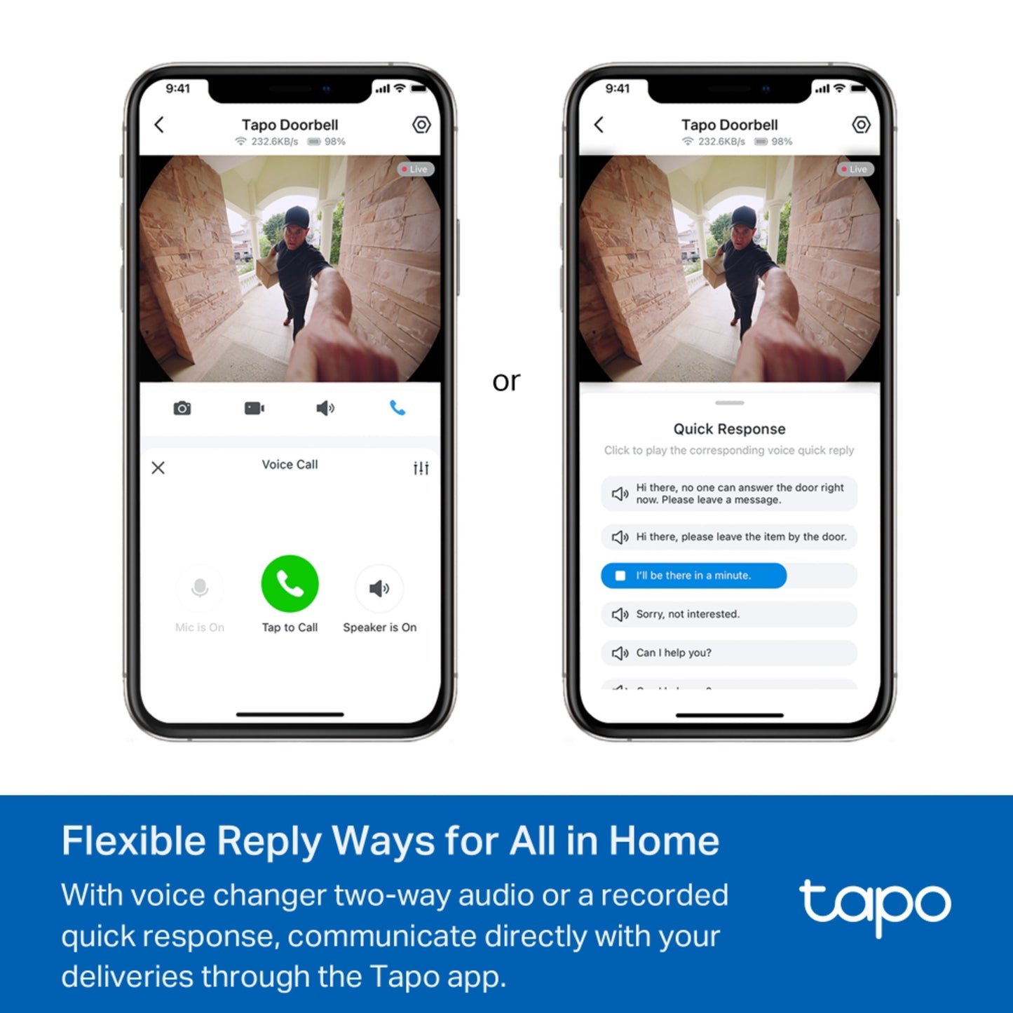 Tapo D235 kamera dørklokke app på to smartphones, én viser 2K videoopkald, anden hurtig svarmulighed.