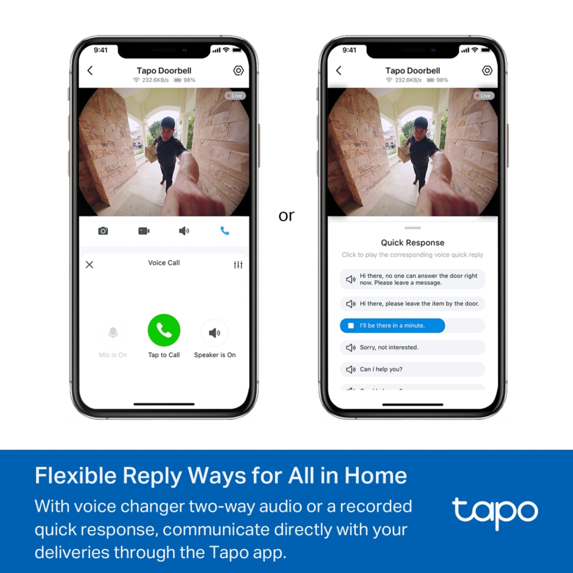Tapo D235 kamera dørklokke app på to smartphones, én viser 2K videoopkald, anden hurtig svarmulighed.